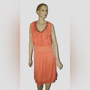 ROBBI & NIKKI SZ S SMALL ORANGE CORAL PLEATED RUFFLES BEADS DRESS KNEE LENGTH